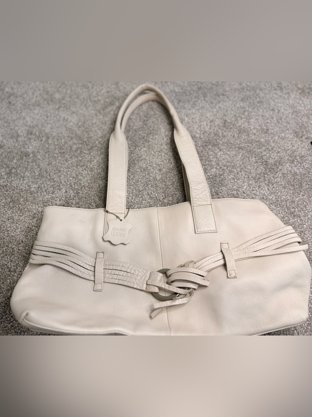 Genuine Soft Cream Leather Tote Bag with Braided Detail